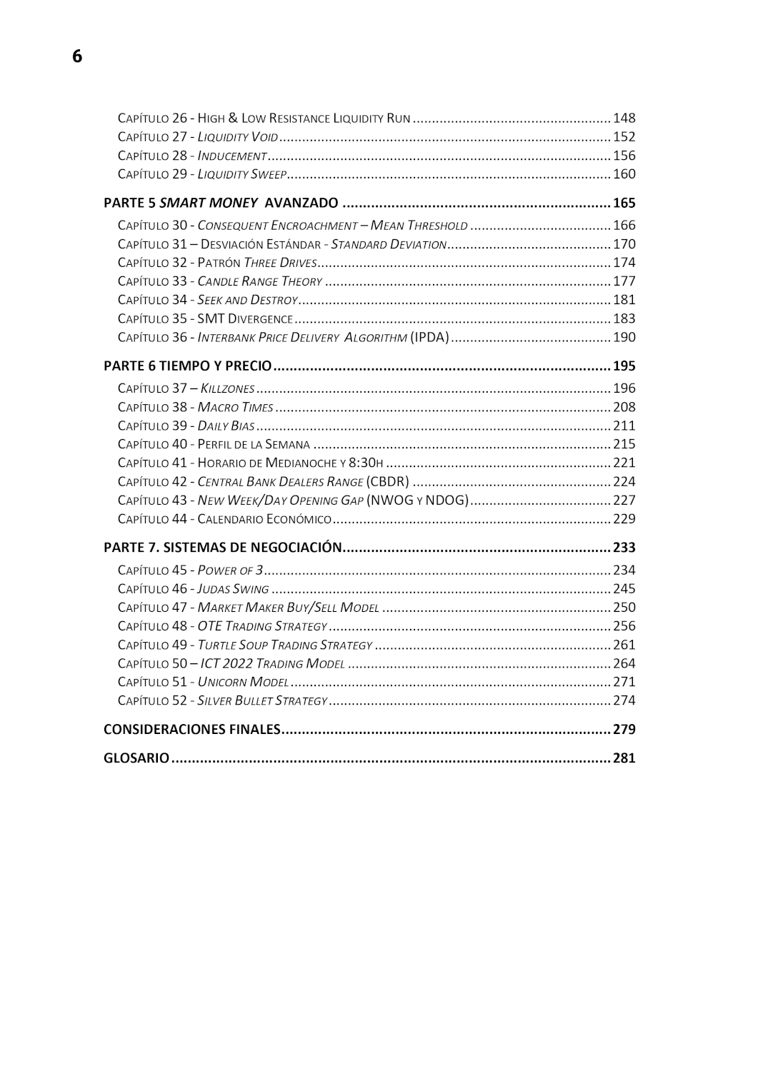 Índice del libro, partes 5 a 7 y glosario, hasta la página 281